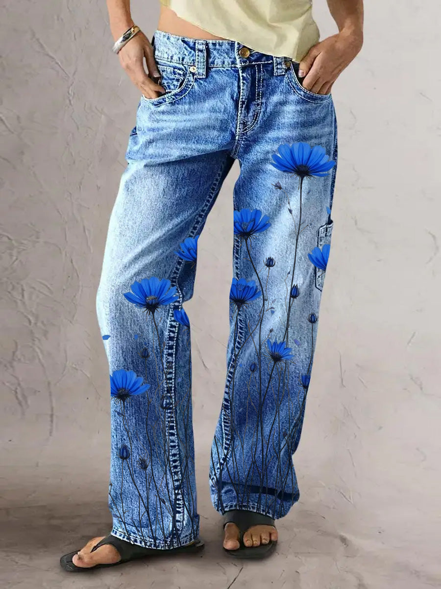 Women's Retro Style Art Print Casual Pocket Button Wide Leg Pants